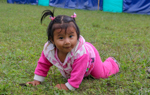 A baby in a pink outfit crawls on the grass