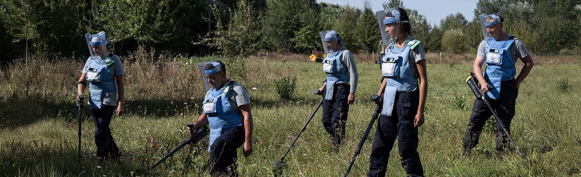 Демінери в захисному спорядженні з детекторами проводять розмінування у високій траві на фоні стіни дерев