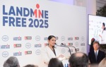 Former Secretary of State for International Development, Priti Patel delivers a speech at an event for a Landmine Free 2025 hosted by HALO and MAG