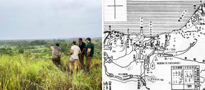 HALO staff working on the Bloody Ridge, Solomon Islands, and a World War 2 battle map they are using