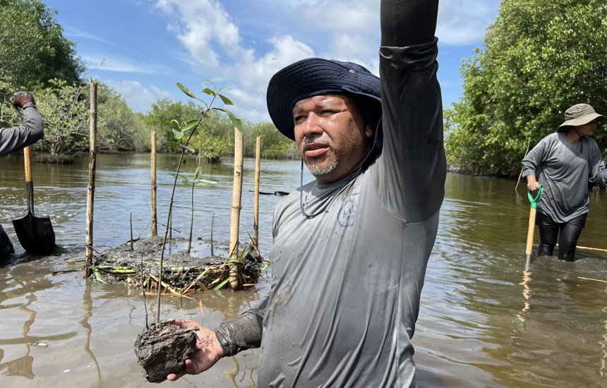 Local people working in marshland in El Salvador