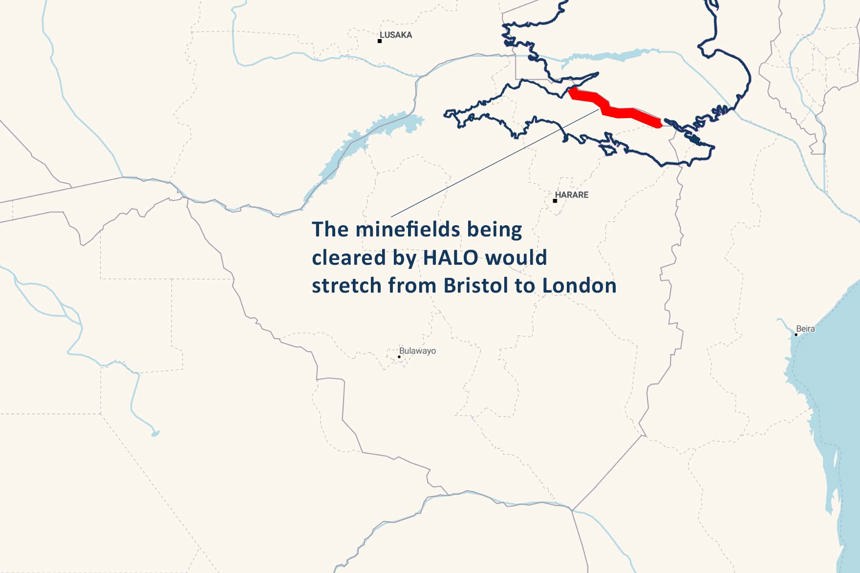 Map showing the longest minefield being cleared by HALO that is the same distance as London to Bristol