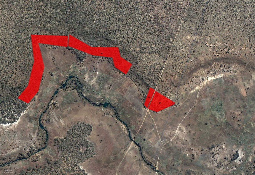Satellite image of minefields along the Lomba valley