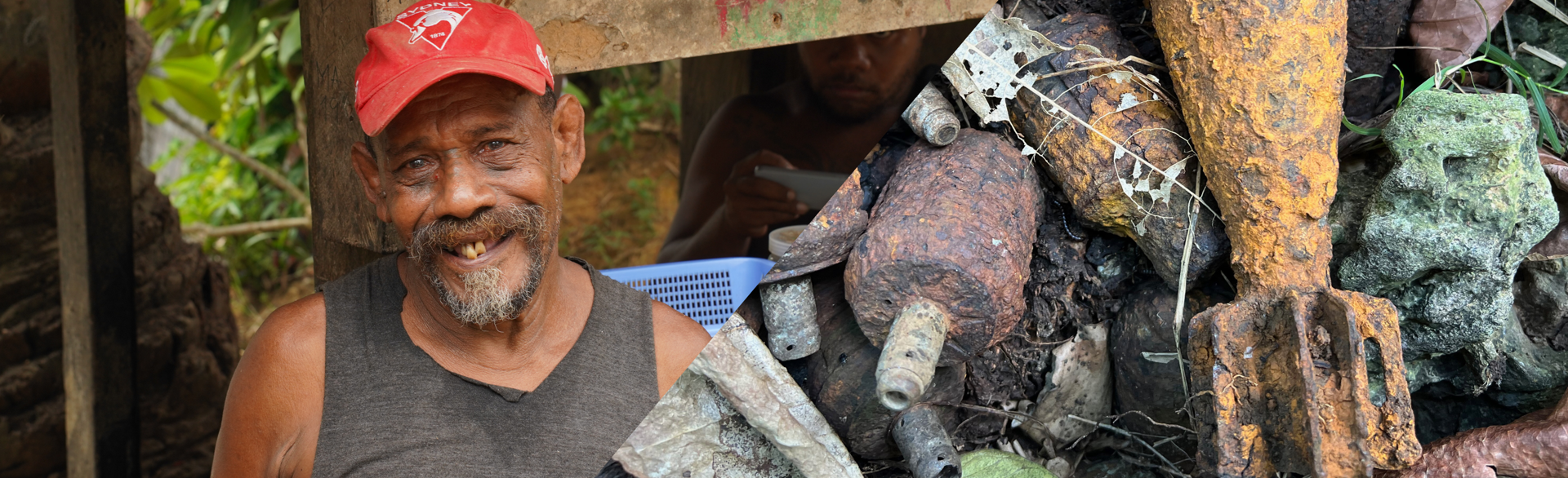 A collage of Timothy Rekoel in his backyard on the left and unexploded ordinance on the right