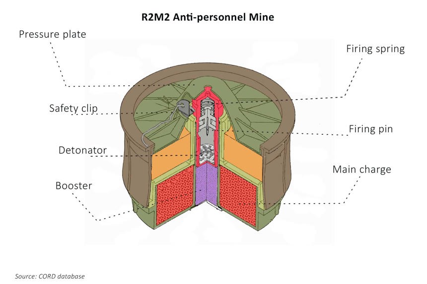 An intersection of a anti-personnel landmine, highlighting key components such as the pressure plate and detonator
