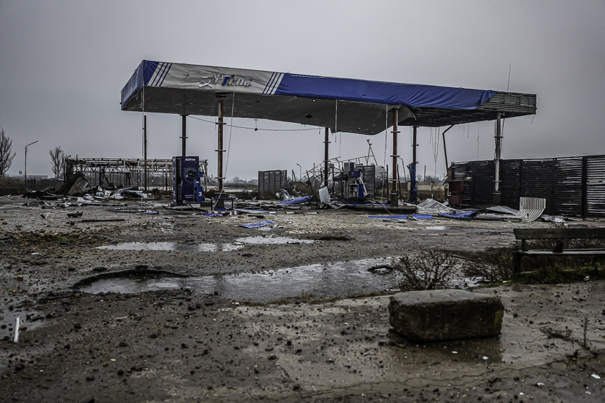 A destroyed gas station in Ukraine