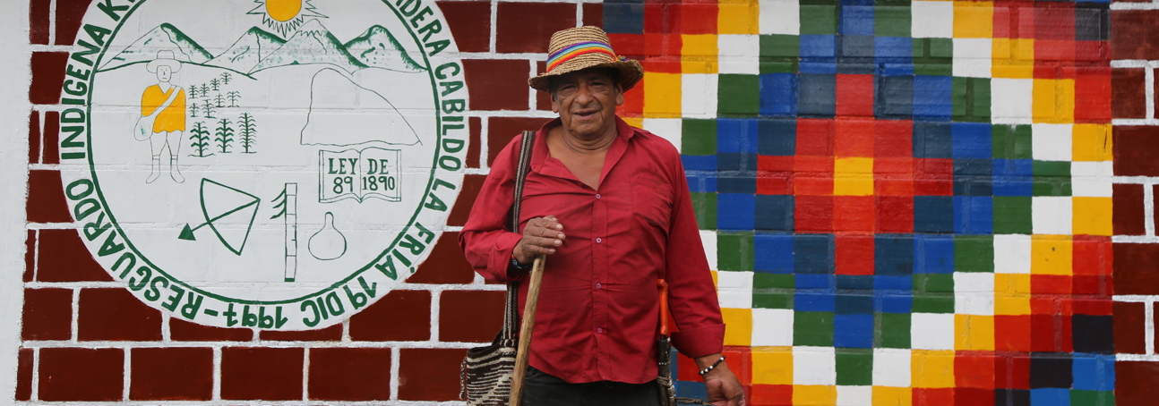 Luis Ángel, an Elder from Kwet Wala Indigenous Reservation poses in front of a painted  building