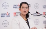 Former Secretary of State for International Development, Priti Patel delivers a speech at an event for a Landmine Free 2025 hosted by HALO and MAG