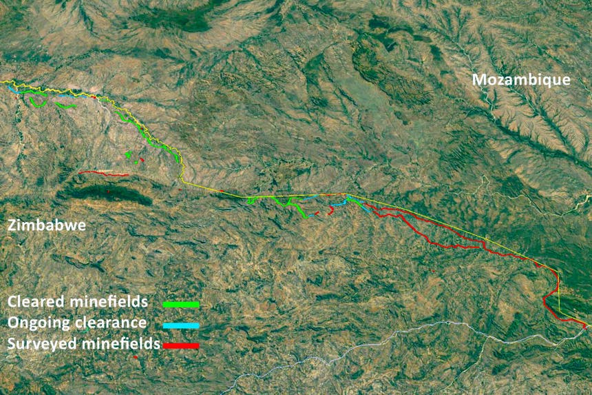 Satellite image showing the border of Zimbabwe and Mozambique, highlighting surveyed and cleared minefields