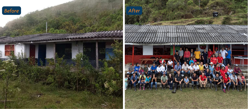 Before and after of Mesones school with the community sitting outside happily