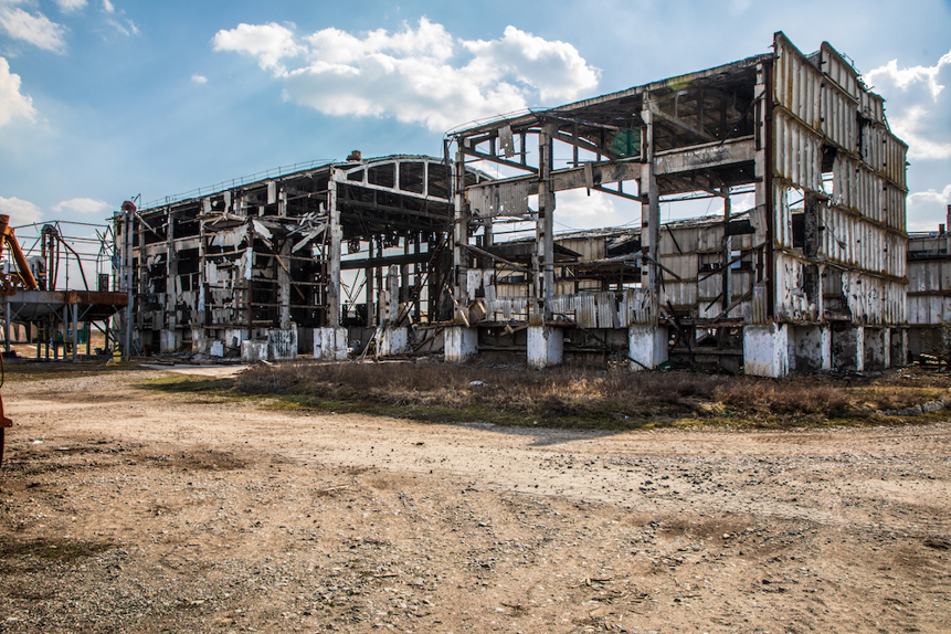 A former grain store, which used to hold 3,000 tons of wheat, stands destroyed 