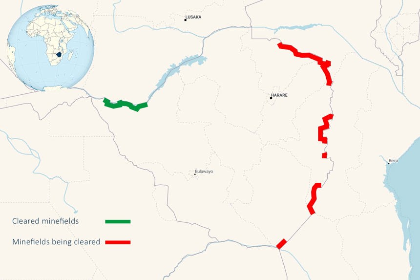 Map showing the location of cleared and uncleared minefields in Zimbabwe