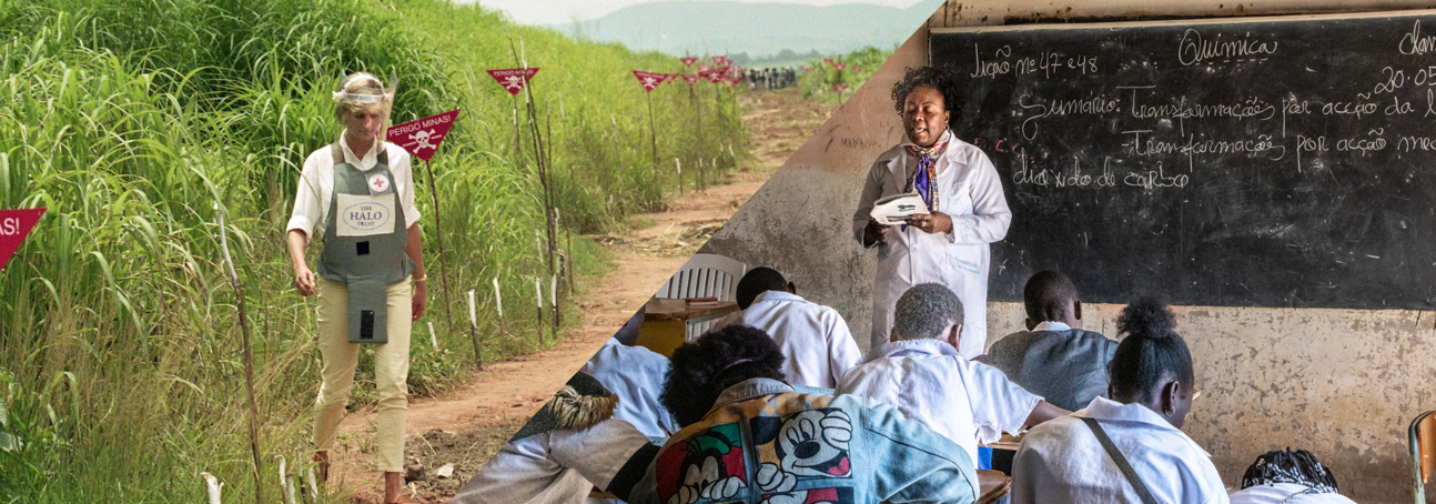 Princess Diana walking through a minefield in Huambo, and children studying at the school that now stands on this site 