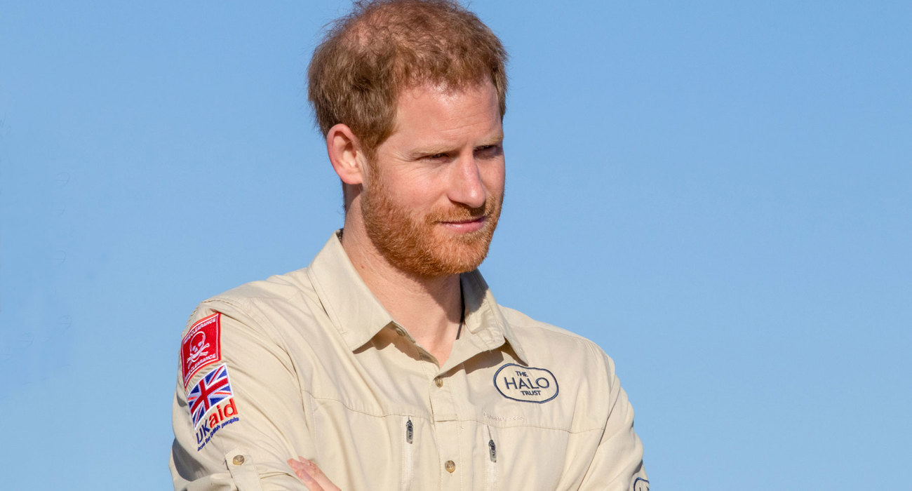 Prince Harry wears a HALO Trust shirt displaying the HALO and UK Aid Logos