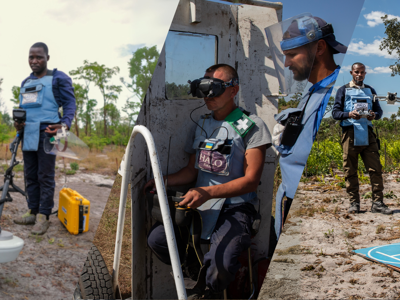A collage of deminers working on minefields