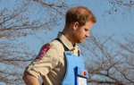 Prince Harry stands in a minefield in Angola wearing HALO uniform and a protective vest displaying the UK flag