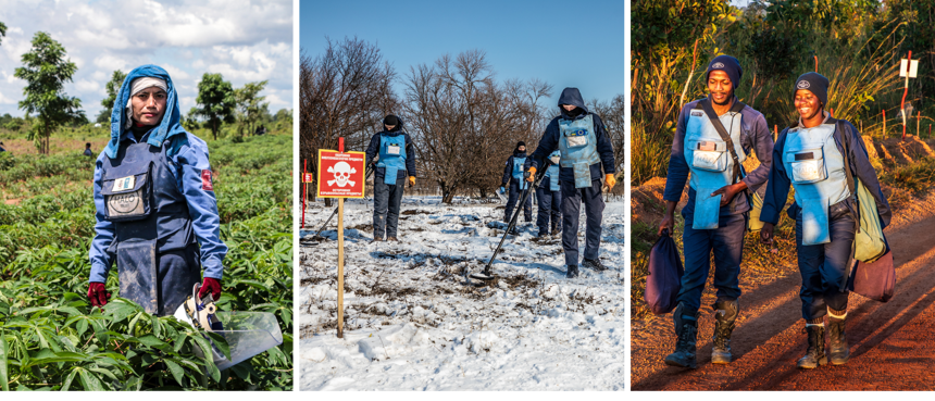 Collage showing deminers working on minefields in different continents