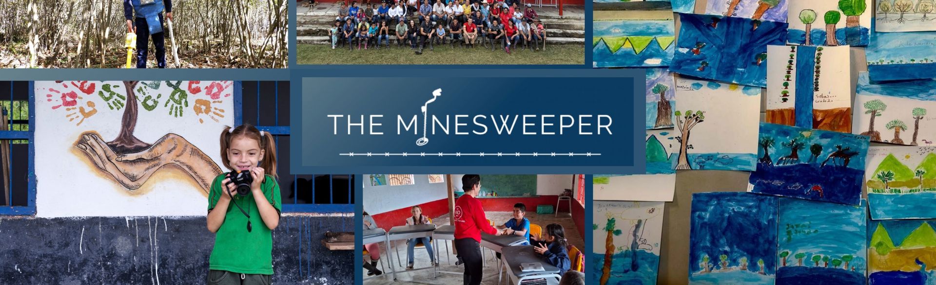 A collage of art work from kids in school and a deminer outside