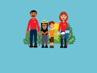 A cartoon picture of two deminers holding hands with two children