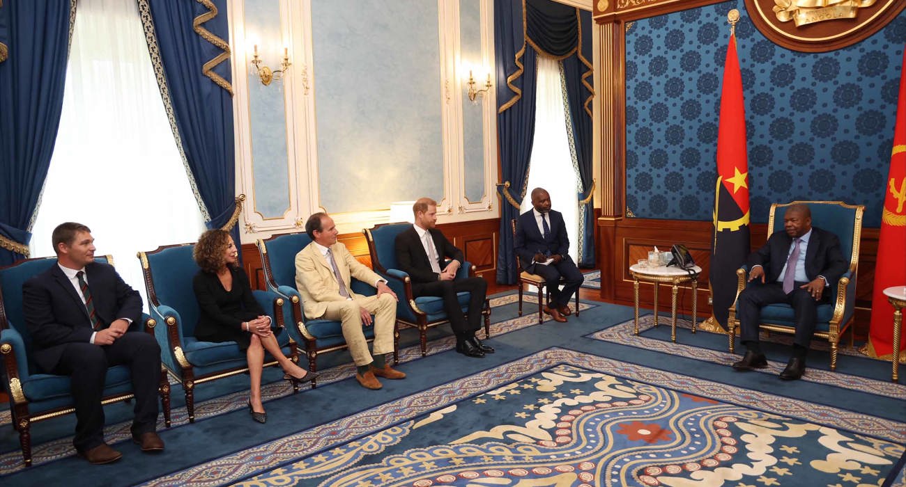 The Duke of Sussex with the president of Angola, the CEO of The HALO Trust and other officials