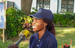 Suzana Soares, HALO Trust deminer and supervisor, giving a media interview during the bp Angola grant signing ceremony in Luanda