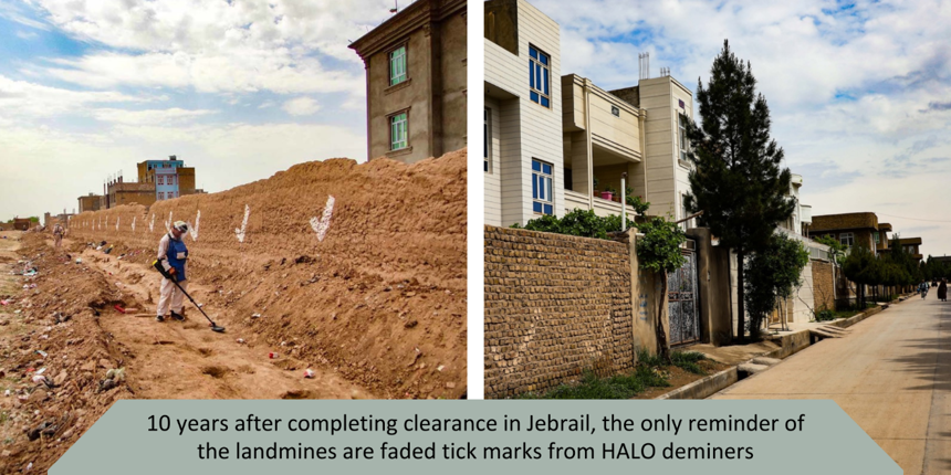 The before and after of a deminer scanning what used to be a mine, now a developed neighbourhood