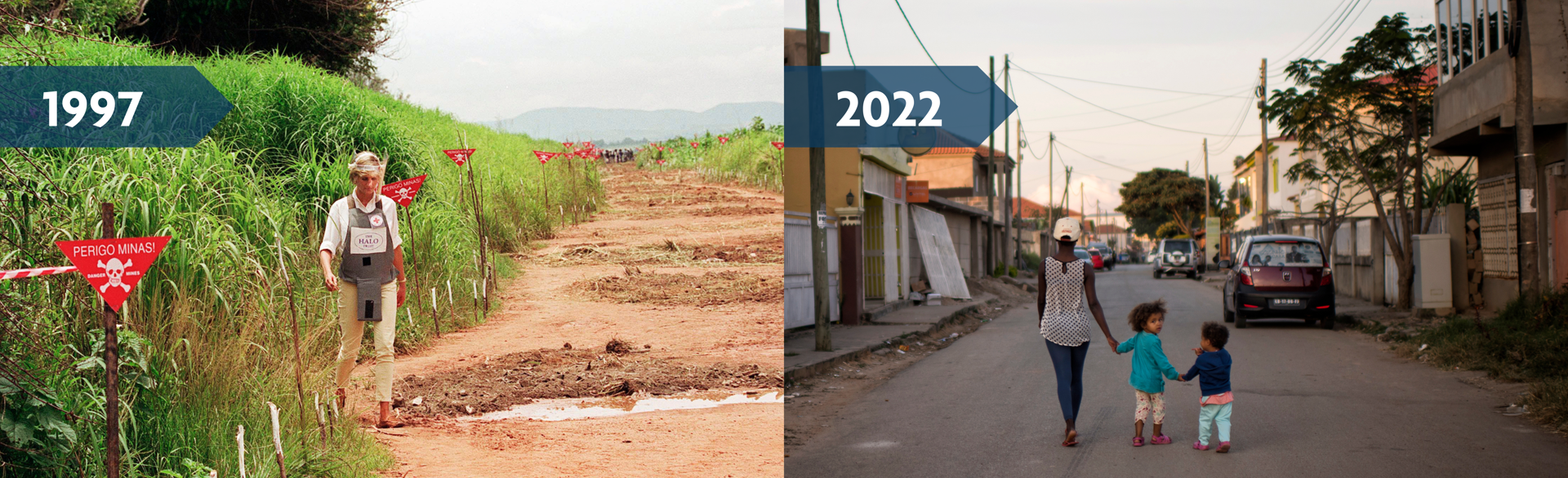 Princess Diana standing in a minefield in Angola in 1997 and the same street in 2022 with people walking freely