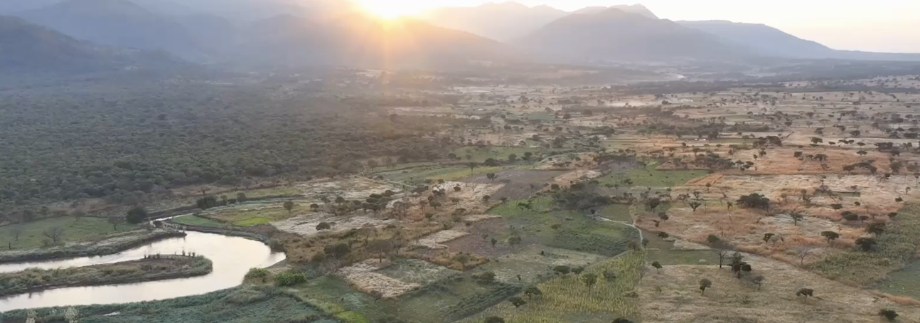 Aerial image of the Okavango landscape at sunset