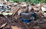 A close up of a landmine half buried in the ground